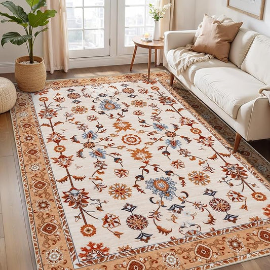 Tangsoo Floral Area Rug 4x6 Machine Washable Orange Rug Non-Slip Vintage Distressed Boho Print, Soft Low Pile Carpet for Living Room, Bedroom, Dining Room, Pet & Child Friendly (Orange Home Decor)