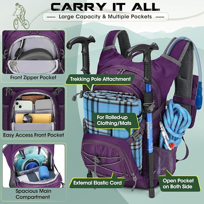 Hydration Backpack with Water Bladder, 18L Lightweight Hiking Backpack for Women&Men Small Insulated Hydration Water Pack for Hiking, Running, Cycling, Biking