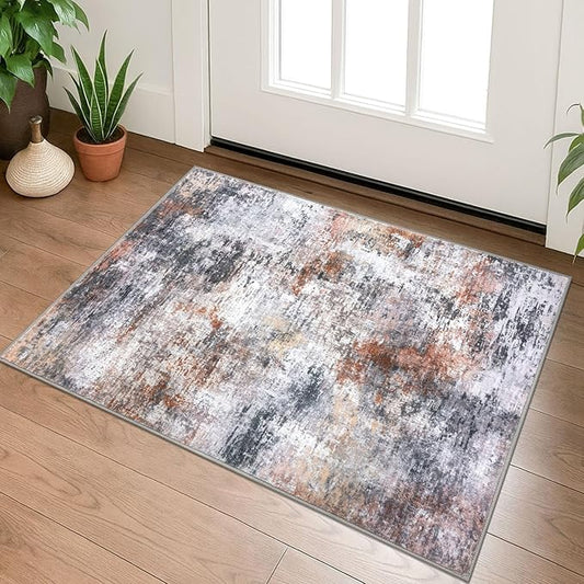 Modern Abstract Entryway Rug Indoor 2x3 Washable Non-Slip Soft Grey Orange Colorful Small Area Rug Kitchen Mat Thin Print Faux Wool Floor Carpet for Entrance Bedroom Office
