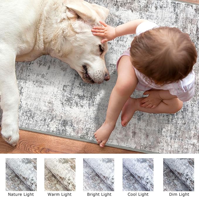 Modern Abstract Hallway Runner Rug, Beige Grey 2x8 Runner Rug, Washable Kitchen Runner Non-Slip Soft Thin Print Faux Wool Carpet for Entryway Bedroom Laundry Room Indoor