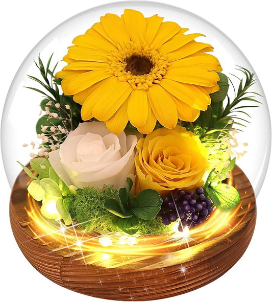 Sunflower Gifts for Women Mom Valentines Day Gifts for Her Preserved Real Flowers in Glass Dome with LED Strip, Forever Flowers Gifts for Wife Girlfriend Mom on Mother Day Birthday Christmas