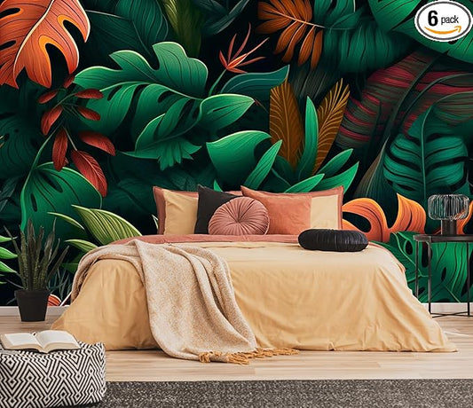 Colorful Tropical Flowers and Leaves Seamless Pattern Mural, Fresh and Unique Background Wall Decorations（Non-self-Adhesive）