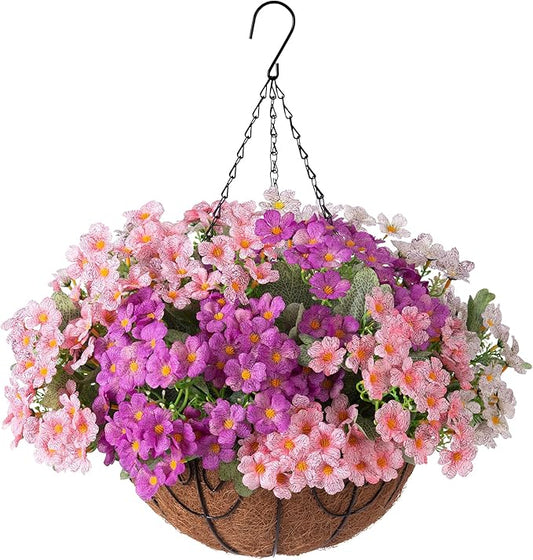 Artificial Flower in Hanging Basket Outdoor Indoor Decoration,Coconut Lining Flowerpot with Faux Plant,Daisy with Eucalyptus Leaves Arrangement for Home Spring Summer Decor(Pink White Purple)