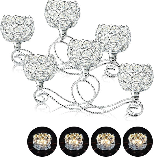 Silver 2 Pcs-3Arm Metal Crystal Tea Light Candle Holder, Elegant Wedding Table Centerpiece Candle Holder, Christmas Wishing Crystal Bowl Candle Holder Suitable for Wedding Party Living Room Decoration