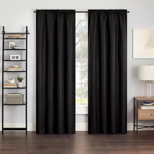 Eclipse Kendall Textured Blackout Thermal Rod Pocket Window Curtain, Insulating & Noise Reducing Curtains for Bedroom or Living Room (1 Panel), 84 in Long x 42 in Wide, Black