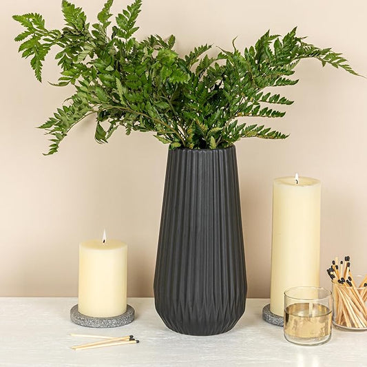 Bloomingville Round Stoneware Fluted Vase with Embossed Lines, Matte Black