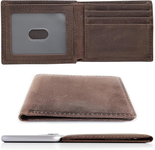 LnxLtw Bifold Travel Wallets for Mens Slim RFID Blocking | Compact Front Pocket Thin Genuine Leather Wallet | Minimalist Credit Card Holder with 4 Card Slots and ID Window Gift Box (Dark Brown)