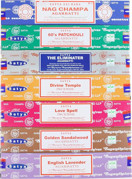 Satya Incense Sticks Gift Set, 7, Scents Nag Champa, 60s Patchouli, The Eliminater, Divine Temple, Love Spell, Golden Sandalwood, English Lavender, 15 g Each (Oriental Mix)