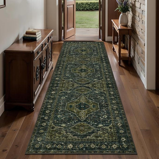 Tangsoo 2.6x8 Washable Runner Rug for Hallways, Non Slip Vintage Runner Rug, Soft Low Pile Long Rug Runner, Print Distressed Green Carpet Runners for Kitchen Bedroom Entryway Bathroom Living Room
