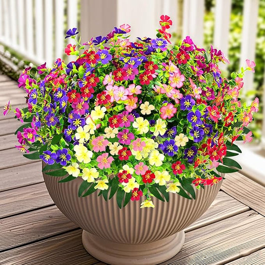 Artificial Faux Plants Flowers Outdoor Decoration,16 Bundles Fake Silk Colorful Daisy Eucalyptus Realistic UV Resistant for Outside Home Planter Porch Patio Yard Decor (red, white, pink,purple, green)