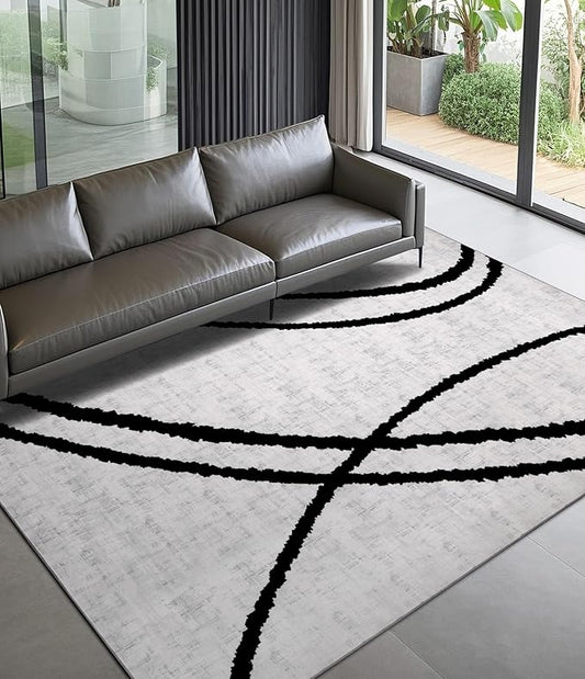 YIHOUSE Modern Area Rugs for Bedroom,5x7 Washable Black and White Rug, Thin Abstract Geometric Minimalist Striped Rug, Black Rugs for Bedroom,Kitchen,Dining Room Office