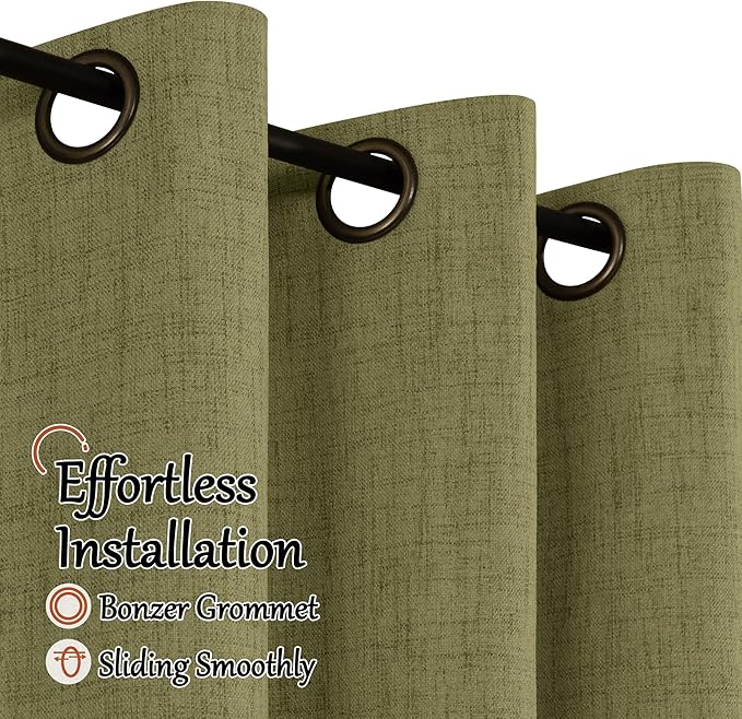 Lajode Olive Green Linen Blackout Curtains - 84 Inch Long Total Black Out Curtains for Bedroom Living Room, Thermal Insulated Room Darkening Light Blocking Faux Linen Curtains Each 52x84 Inch 2 Panels