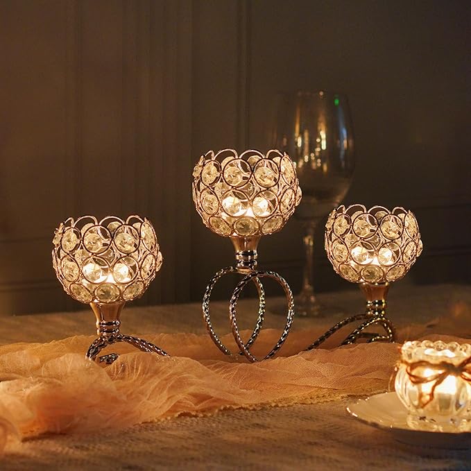 Gold/Silver Metal Crystal Tea Light Candle Holder, Elegant Wedding Table Centerpiece 3/5 Arm Crystal Candle Holder, Christmas Votive Candle Holder for Wedding Living Room Decor (Silver, 1pc-3 Arm)