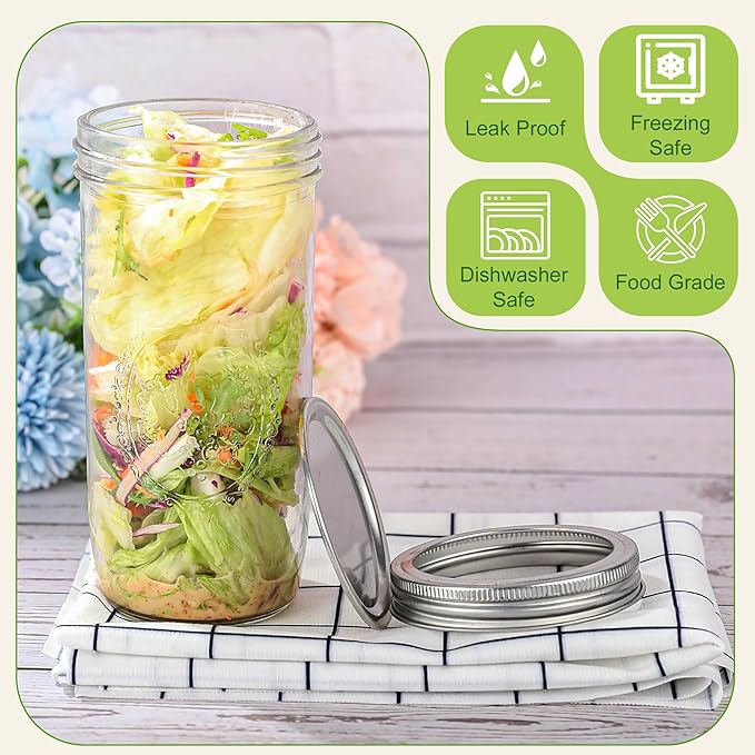 Mason Jars 24 oz Wide Mouth with Measurement Marks–12Pack Glass Canning Jars with Airtight Leakproof Lids & Bands, BPA-Free for Meal Prep, Fermentation, Pickling & Storage (clear 6pack 24oz)