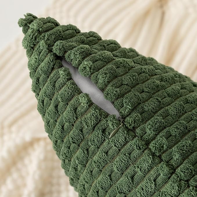 Kevin Textile Throw Pillow Covers Soft Corduroy Decorative Set of 2 Boho Striped Pillow Covers Pillowcases Farmhouse Home Decor for Couch Bed Sofa Living Room 16x16 Inch Moss Green