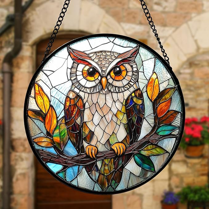 DASTOLL Stained Glass Window Hanging, Owl Colorful Leaves Birds Sun Catchers Diamond Glass Panel Hangings Suncatcher Decor for Birthday for Women, Men, Wife, Aunt, and Mom 11.8x11.8 in