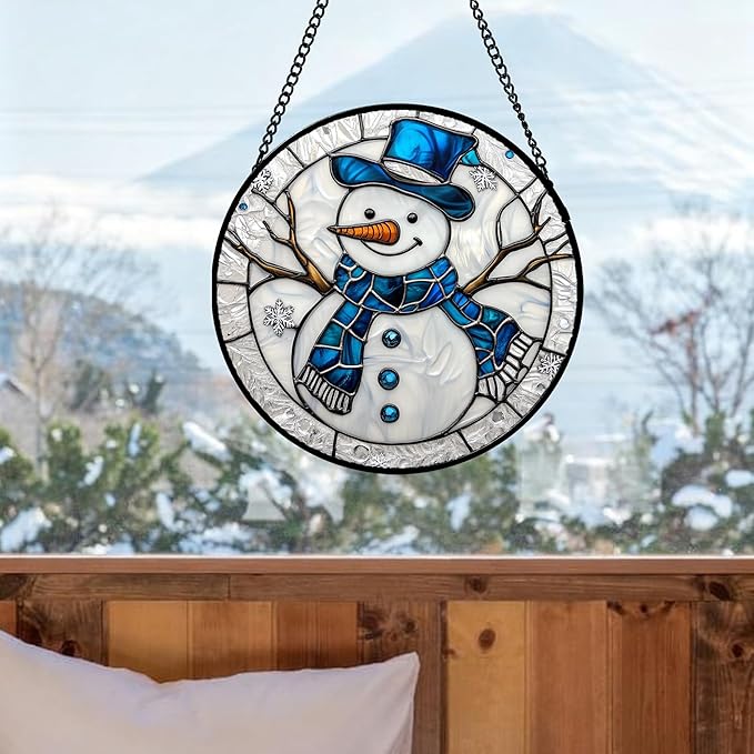 Stained Glass Window Hanging Christmas Snowman Blue White 6.3" - Suncatcher Door Garden Sun Catcher Home Decor Birthday Mother's Day Xmas Gift for Mom Men Woman Her Nana Parents Girl