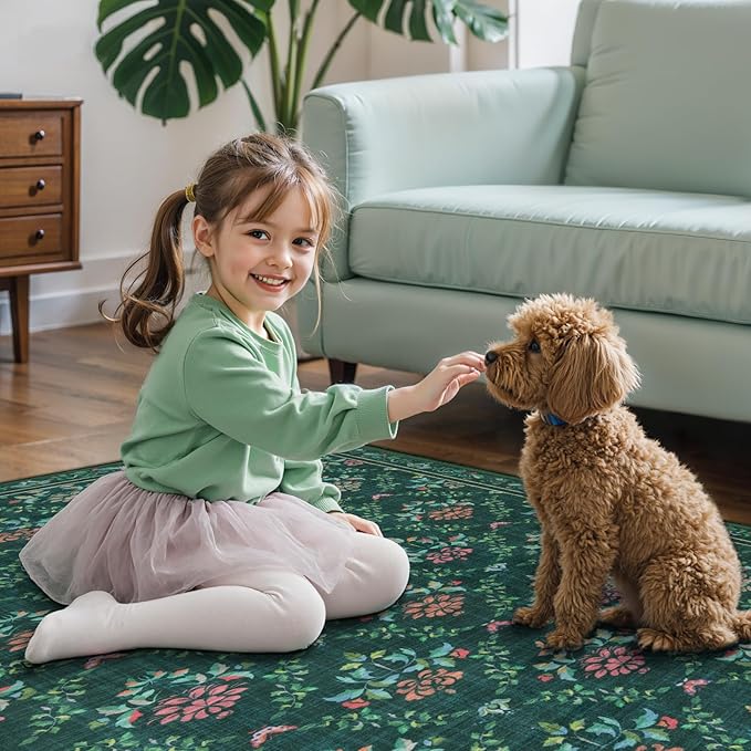 Tangsoo 2x3 Small Washable Entry Rug,Non Slip Green Floral Throw Area Rugs for Entryway,Front Door Mats Indoor Entrance Carpet for Kitchen Office Laundry, Soft Kids & Pets Friendly