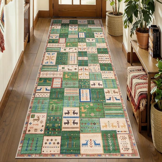 Tangsoo Washable Runner Rug Non Slip, 2x5 Vintage Runner Rug for Hallway, Soft Low Pile Tribal Carpet 2x5 Rug Runners for Kitchen Bathroom Laundry Bedroom Entrance Bedside (Green Beige)