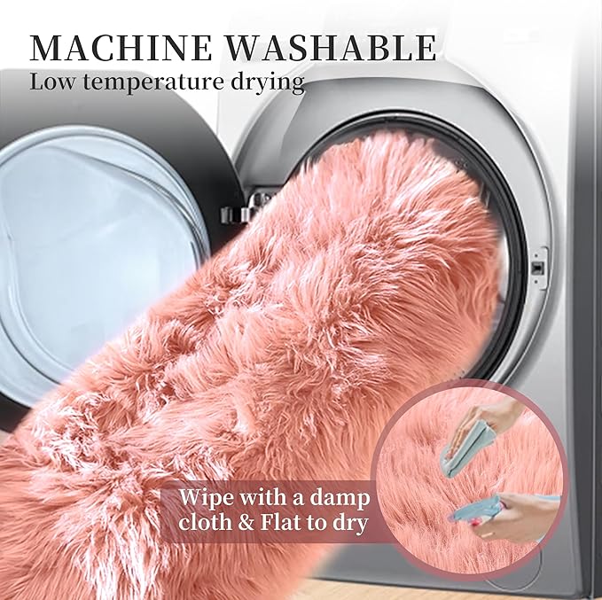 Pink Shag Washable 5x7 Area Rugs for Living Room Big Fluffy Sheepskin Fur Rug for Bedroom Shaggy Nursery Rug