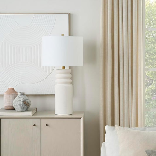 Nourison 28" White Textured Ceramic Ripple Table Lamp for Modern Living Room, Dining Room, Bedroom, Bedside, Reading