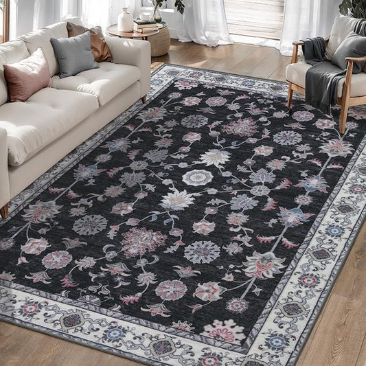 Tangsoo Floral Area Rug 5x7 Machine Washable Rug Non-Slip Vintage Distressed Boho Print, Low Pile Carpet for Living Room, Bedroom, Dining Room, Pet & Child Friendly (Room Decor)