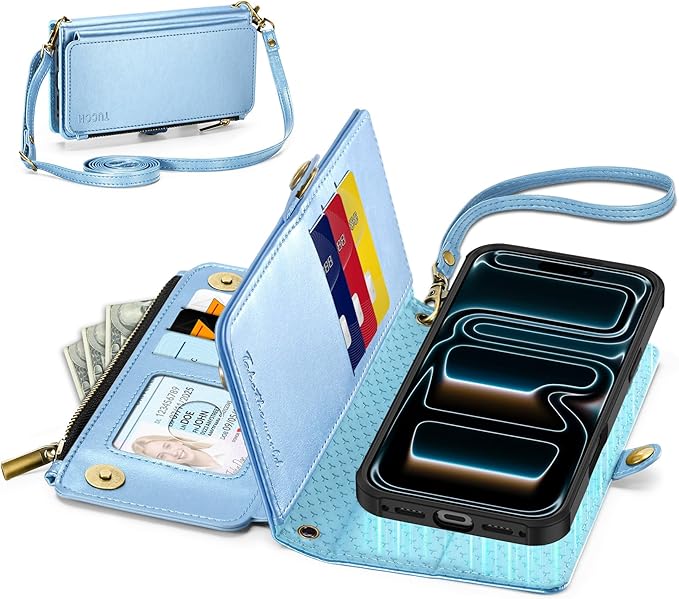 TUCCH Crossbody Detachable Wallet Case for iPhone 17 Pro 6.3" 2025, 9 Card Slots RFID Blocking | Wireless Charging | Wrist Strap Lanyard | Stand | Zipper Pocket | PU Leather Cover | Pearly Light Blue