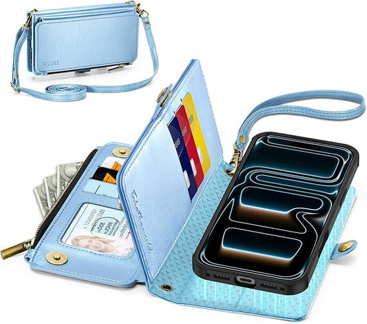 TUCCH Crossbody Detachable Wallet Case for iPhone 17 Pro 6.3" 2025, 9 Card Slots RFID Blocking | Wireless Charging | Wrist Strap Lanyard | Stand | Zipper Pocket | PU Leather Cover | Pearly Light Blue