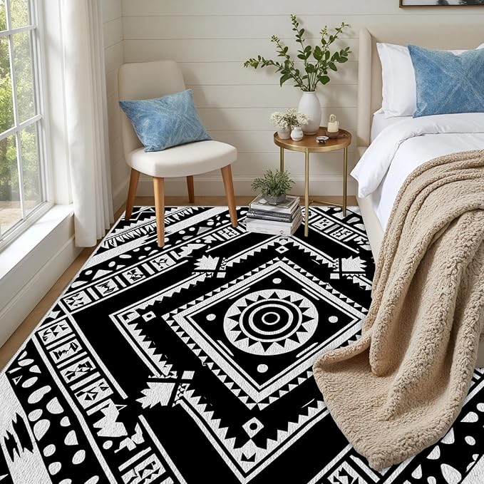 Area Rugs for Living Room 3x4, Moroccan Washable Low Pile Rug, Boho Neutral Farmhouse Ultra Soft Carpet for Bedroom Dining Room Home Decor, Geometric Print Tribal Carpets Black and White