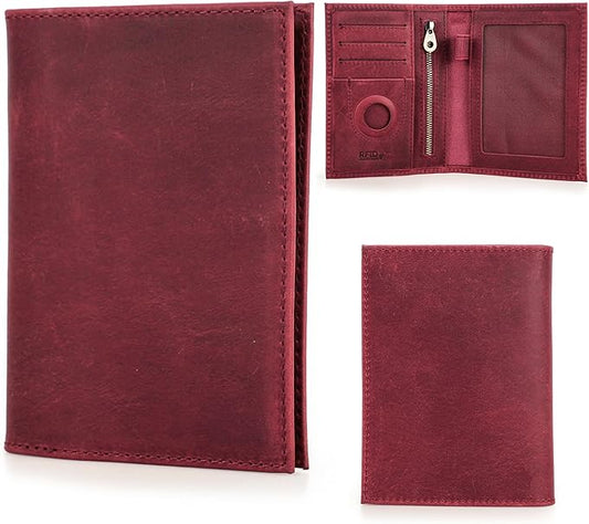 Top Grain Leather Single Travel Passport Wallet Holder for Man & Woman, Folio Design for Passport & Multi Cards, RFID Blocking Large Capacity for Passport/Cards/Checks/Bills/AirTag, Burgundy