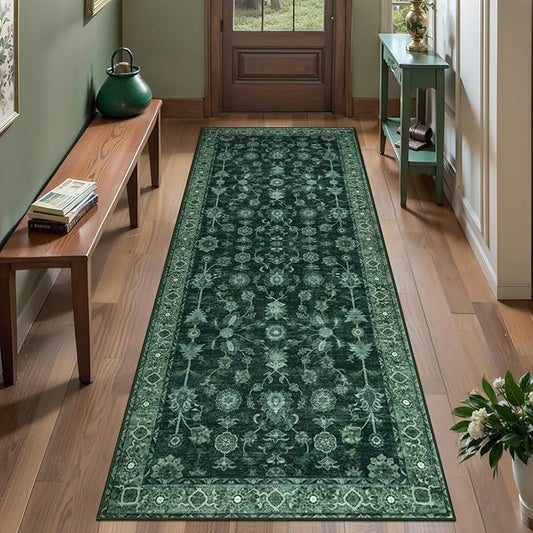 Tangsoo Green 2x6 Runner Rug Non Slip Washable for Kitchen Bathroom, Vintage Floral Boho Rug Runner for Hallway Entryway, Low Pile Carpet Door Mat Indoor Entrance for Bedroom Laundry Pet&Kids Friendly