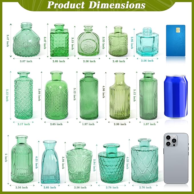 Set of 15 Green Colored Glass Bud Vases - Small Textured Flower Vases for Centerpieces, Wedding Table Decor, Retro Home Decor Bulk Vase Set for DIY, Events & Gifts