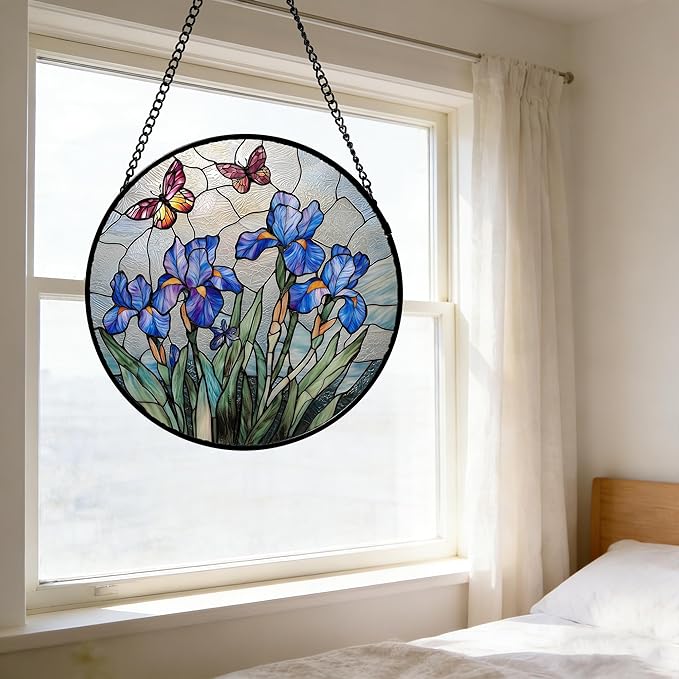 DASTOLL Stained Glass Window Hanging, Blue Iris Flowers Butterfly Suncatcher Diamond Colorful Glass Panel Sun Catchers Decor for Birthday for Women, Men, Wife, Aunt, and Mom 7.8 in