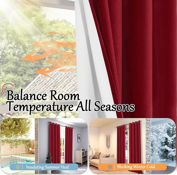 Lajode Red Christmas 100% Linen Blackout Curtains 63 Inch Long 2 Panels, Thick Heavy Thermal Insulated Cold Blocking Noise Reducing Window Curtains for Winter Decoration, Each 52x63 Inch 2 Panels