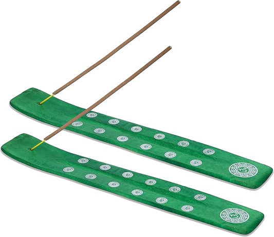Bless-International Traditional-Handmade-Burner Wooden-Incense-Stick-Holder Ash-Catcher-Stand for-Aromatherapy-Meditation-Yoga (Earth Green) 10 Inches, Pack of 2