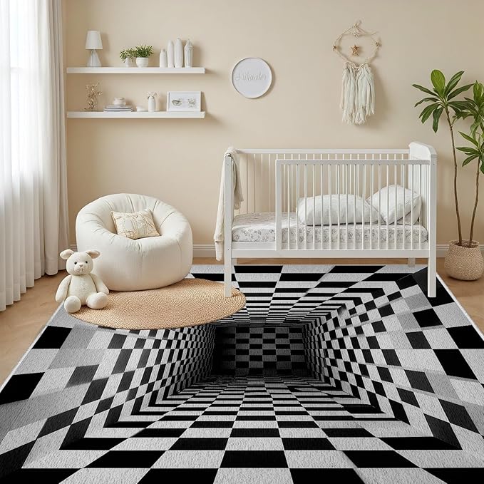 Optical Illusion Rug - Black and White Rug for Living Room, Soft Ultra Soft Faux Wool 6x9 Area Rugs Floor Mats, Non Slip&Non-Shedding Low Pile Checkered Washable Rugs, Abstract Geometric Carpet