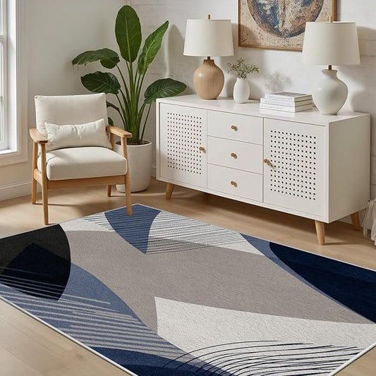 Abstract Art Line Living Room Area Rugs 3x4, Modern Boho Geometric Print Soft Rug, Minimalist Washable Non Slip Neutral Carpet for Bedroom, Dining Room Office Playroom, Navy Blue Gray