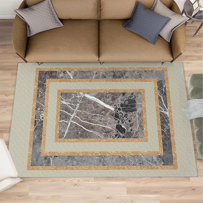 Light Luxury Marble Area Rugs Gilded Stripe Geometry Area Carpet Abstract Marble Texture Rug Stone Crack Carpet for Living Room Study Bedroom 4x5ft