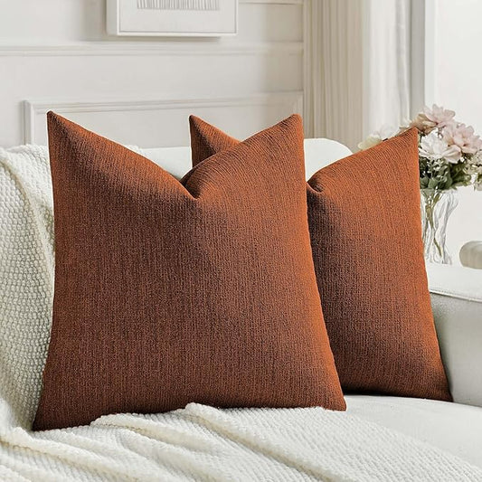 FUTEI Rust Chenille Decorative Throw Pillow Covers 22x22 Inch Set of 2,Soft Cozy Faux Linen Textured Cushion Case,Farmhouse Home Decor for Couch Living Room