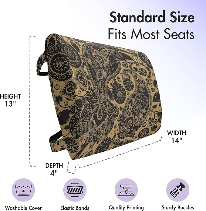 Ambesonne Ethnic Lumbar Back Support Pillow, Traditional Folk Art Textured Cultural Retro Twisted Leaves Classical Art, High Density Foam for Office Chairs Car Seats, 14" x 13", Black Cream