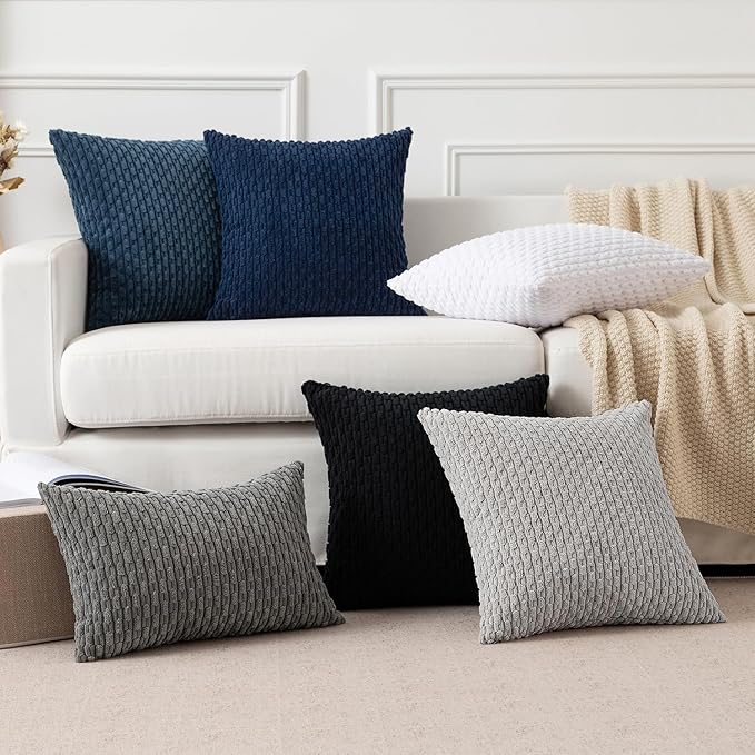Kevin Textile Set of 2 Decorative Pillow Cover Solid Striped Corduroy Plush Velvet Cushion Cover for Couch 50cm 20 x 20 Inch Navy Blue