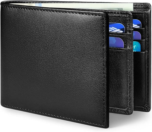 MARZAHAR Genuine Leather Mens Wallet, RFID Blocking Bifold Wallet for Men with ID Window, 11 Credit Card Slots (Black)
