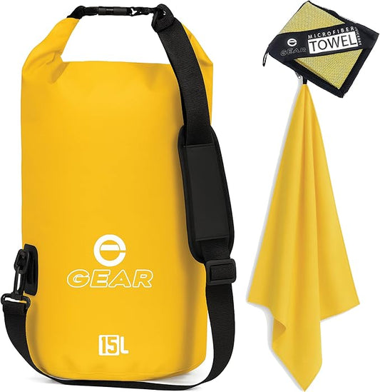 Waterproof Dry Bag 15L with Free Quick Dry Microfiber Towel – Floating Roll Top Dry Sack for Kayaking, Boating, Camping & Beach Adventures – Enthusiast Gear