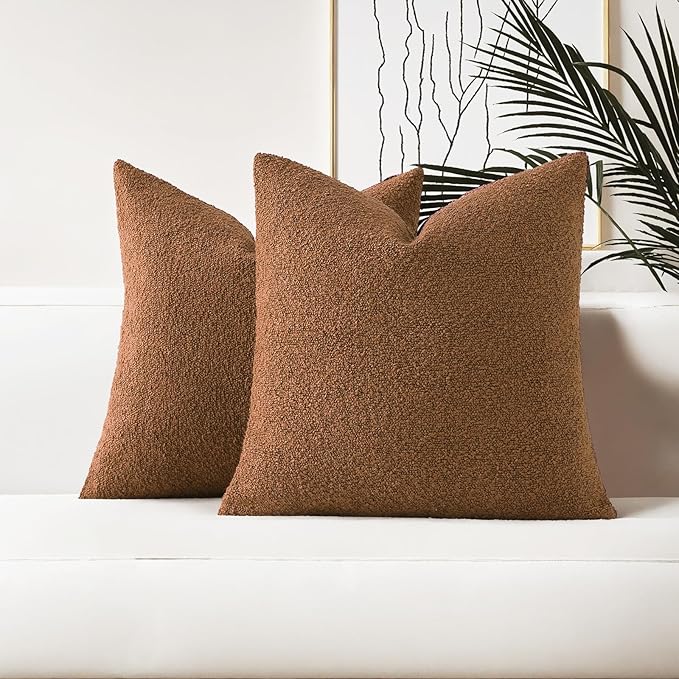 HAUSSY Set of 2 16x16 Decorative Throw Pillow Covers, Soft Cozy Textured Boucle Couch Cases, Home Decor for Couch Bed Living Room, Tobacco