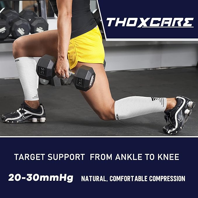 Thoxcare Calf Compression Sleeve for Men Women (1 Pair), Leg Support Footless Compression Socks for Running - Shin Splint Varicose Veins Swelling & Pain Relief, White/Black, X-Large