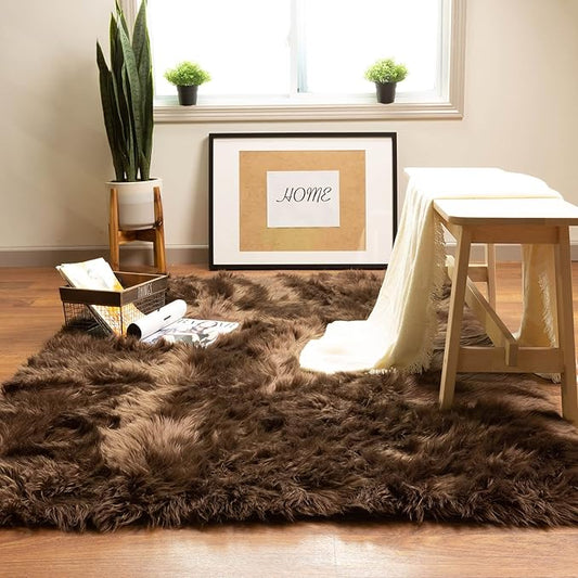 Super Area Rugs Ultra Soft & Fluffy Faux Sheepskin Rug, Dark Brown 6 x 9 Feet Carpet for Bedroom Living Room