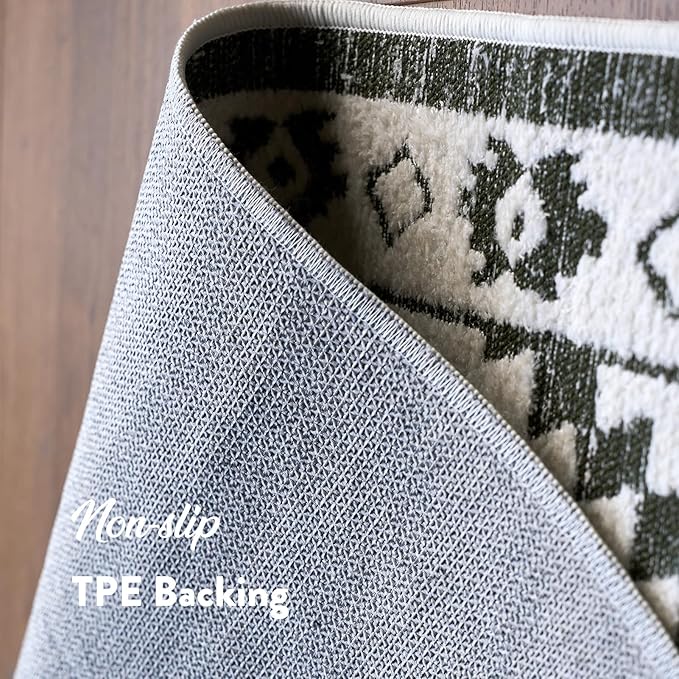 Moroccan Washable Runner Rug 2x8, Geometric Woven Area Rug, Farmhouse Boho Hallway Rug Runner, Non-Slip Soft Lightweight Throw Rug for Bedroom Living Room Laundry Kitchen, Olive Green/White