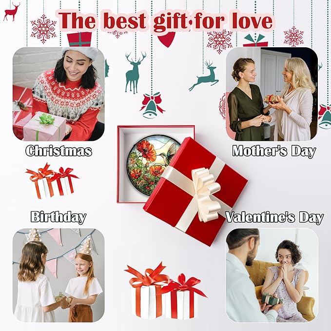 Stained Glass Window Hanging, Hummingbirds Orange Flowers Suncatcher Diamond Glass Panel Hangings Sun Catchers Decor for Birthday for Women, Men, Wife, Aunt, and Mom 9.8 in