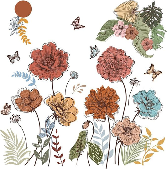 Large Boho Flower Wall Decals Floral Leaves Grass Butterfly Wall Stickers Removable Wall Art Decor for Living Room Bedroom