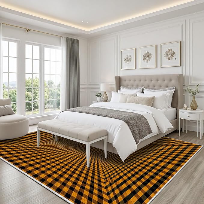 3D Rugs Optical Illusion - Plaid Rug 5x7, Geometric Stripes Soft Neutral Indoor Floor Mats Carpet, Non-Slip Stain Resistant Modern Orange Rug for Bedroom, Living Room Rugs